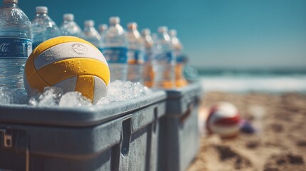 Shot of a volleyball resting against a cooler filled with water bottles and ice, summer beach mood