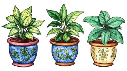 Obraz premium Adorable Hand-Drawn Houseplants in Cute Pots Infusing Whimsical Charm into Home Interiors