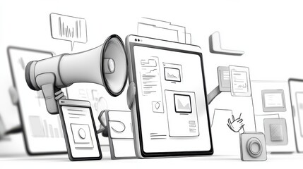 Marketer delivering ads with megaphone and devices. Cross-device marketing, cross-device marketing analysis and strategy concept on white background. Mobile UI UX GUI template, app interface wirefram