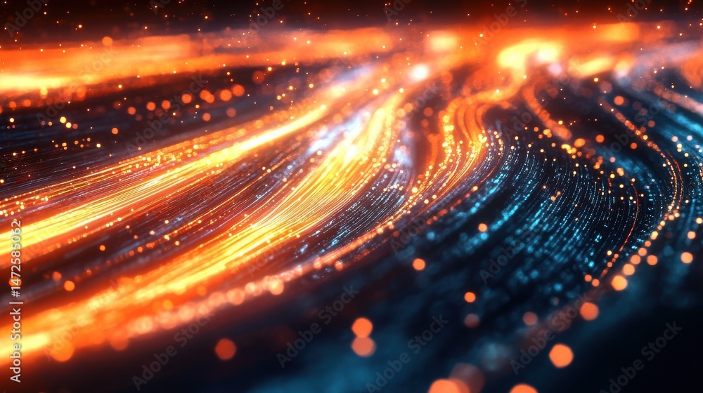 Poster data stream in server room: vibrant streaks of light, representing data flow, surge through a modern
