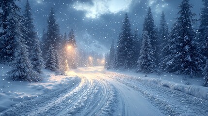 Snowy road in winter forest at night.
