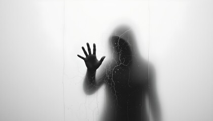 greyscale image of a bent elbow pressed against a fogged or frosted glass surface