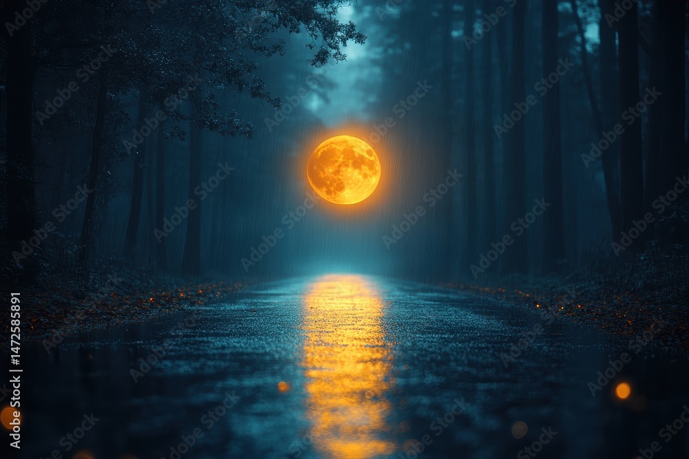 Poster glowing full moon illuminates a rainy forest path at night creating a mesmerizing reflection on the 