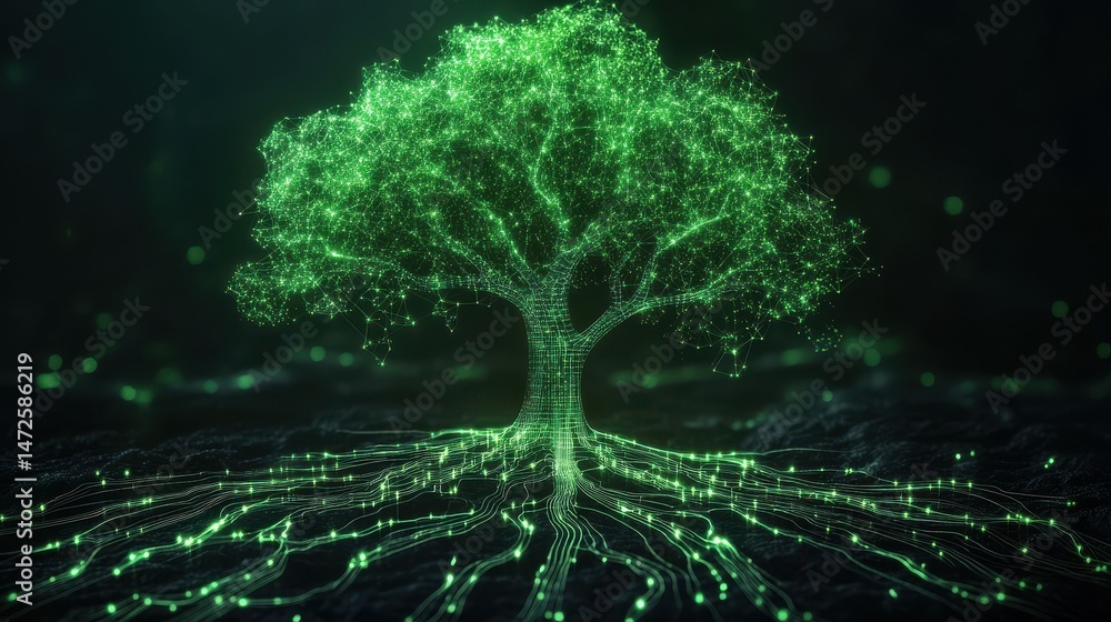 Poster glowing green digital tree with connected network branches and root-like circuits on a dark backgrou