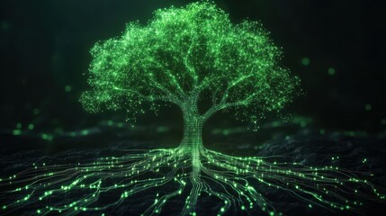 Glowing green digital tree with connected network branches and root-like circuits on a dark background. Concept of technology, sustainability, and data integration