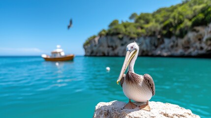 Pelican by Turquoise Sea, Coastal Bird