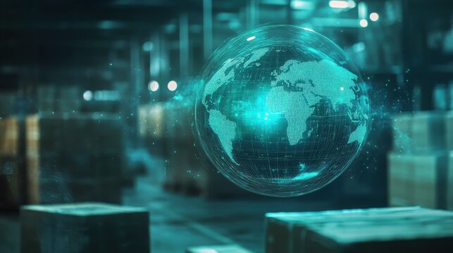 Creative digital logistics, delivery and transportation hologram with globe and network on blurry warehouse background. Double exposure illustration , no logos, no brands