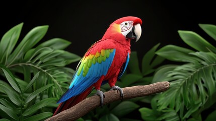 Fototapeta premium Scarlet Macaw Parrot on Branch, Tropical Leaves