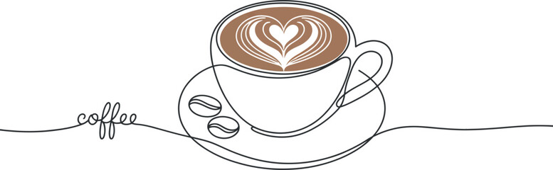 Single Line Drawing of a Coffee Cup with Heart Latte Art and Coffee Beans