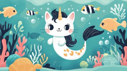 Obraz premium Sea cartoon unicorn. Mermaid character, fish and seahorse. Cartoon cat with mermaids tail, underwater turtle and creature. Mythical nowaday vector sea kit illustration , no logos, no brands