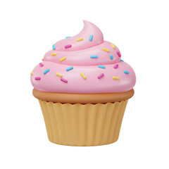 Delicious Pink Frosted Cupcake Topped with Rainbow Sprinkles Isolated on PNG Background.