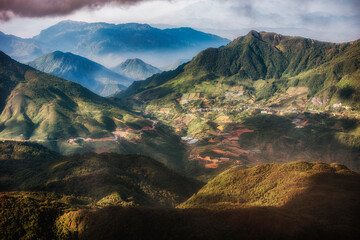 Sapa valley under afternoon sunlight - View from Cable car - going down from Fansipan peak - Lao Cai, Vietnam