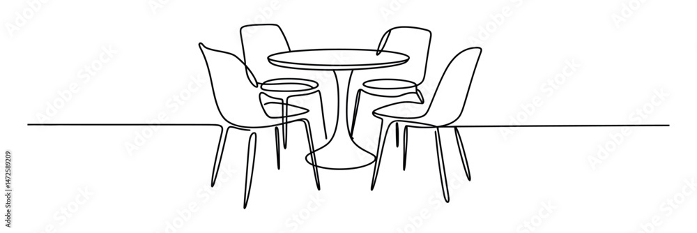 Poster continuous line drawing of a round table with four modern chairs in a minimalist style