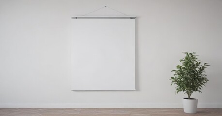 Minimalist white wall, poster mockup hanging with clips,  branding,  surface,  graphic