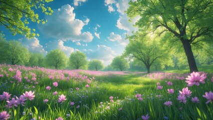 Obraz premium Spring park landscape with blooming flowers and trees