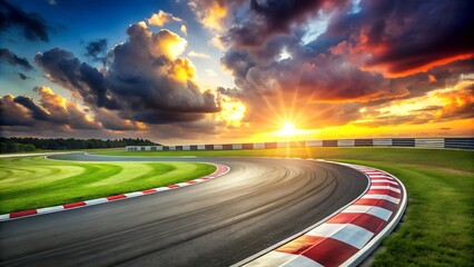 Thrilling Race Track with Winding Road and Red-White Checkered Barriers Under Vibrant Sunset Sky in Expansive Green Landscape
