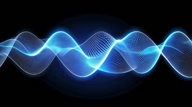 Luminous blue sinusoidal waves intersect, glowing lines and dots forming dynamic energy on a dark abstract backdrop