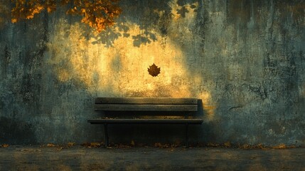 Autumnal bench bathed in golden light against a weathered wall. A lone leaf floats in the air