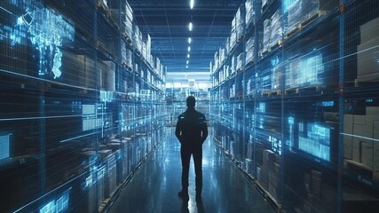 Man silhouette standing in high tech warehouse with digital overlays, future concepts - Powered by Adobe