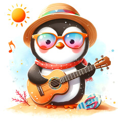3d penguin with guitar