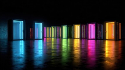 Obraz premium Colorful neon doors in a dark futuristic space.