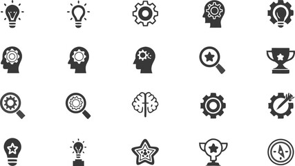 Ingenious Concepts and Innovation: A captivating collection of various icons depicting creativity, innovation, and ideas, including light bulbs, gear wheels, magnifying glasses.