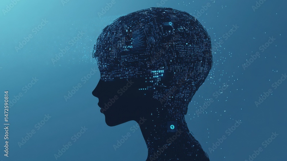 Poster abstract human head profile made of circuit board and binary code on a blue background, an artificia