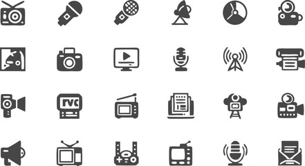 Fototapeta premium Media Icon Set: A comprehensive collection of media icons is presented in a clean, minimalist style, perfect for digital interfaces and communication design.