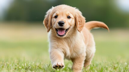 Fototapeta premium Adorable Golden Retriever Puppy Running in Grass