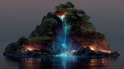 a floating mountain island with a digital waterfall made of cascading pixels 