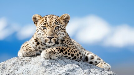 Obraz premium Adorable Snow Leopard Cub on Rock, Blue Sky