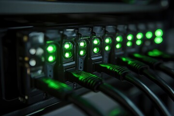 Naklejka premium Network server with illuminated green cables connected to data storage unit, technology equipment for cloud and internet system infrastructure.