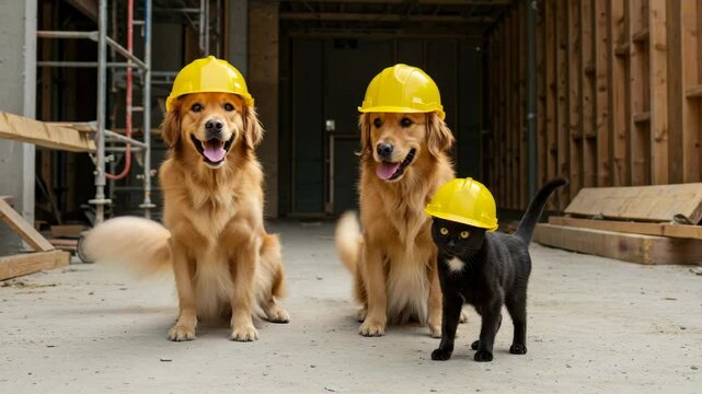 Two Golden Retrievers and a Black Cat in Hard Hats on a Construction Site - Two adorable Golden Retriever dogs and a sleek black cat, all wearing tiny yellow hard hats
