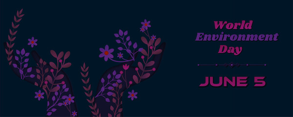 environment day 5 June | World Environment Day vector banner with dark background, eco-friendly icons, nature elements, trees, leaves, and sustainable environmental awareness design
