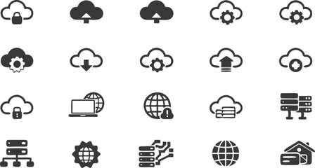 Cloud Icons: Collection of cloud-themed icons representing data storage, internet, technology, and network concepts. These minimalist graphic elements are versatile for digital projects.