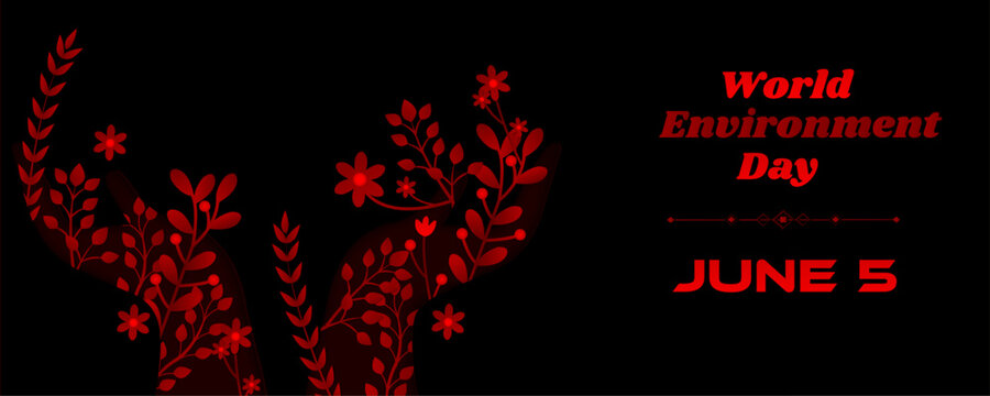 environment day 5 June | World Environment Day vector banner with red shape, eco-friendly icons, nature elements, trees, leaves, and sustainable environmental awareness design