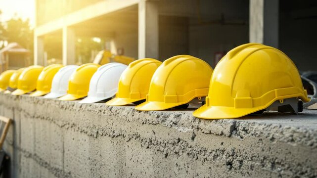 Construction Hard Hats on Concrete Wall - A row of yellow and white construction hard hats sits neatly on a concrete wall at a construction site. The sun shines brightly, illuminating the scene.