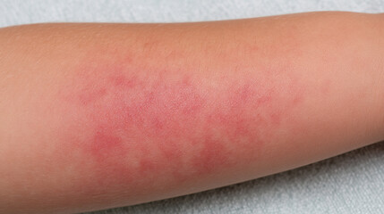Red rash on forearm skin with irritation and inflammation, close up view of allergic reaction or dermatitis