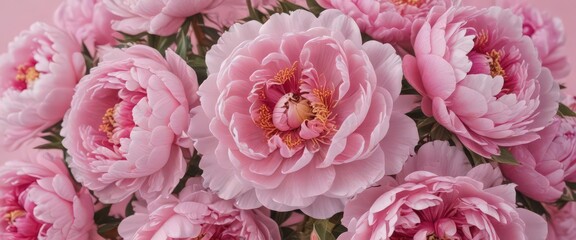 Tightly packed pink peony blossoms, pale pink background,  flowers,  soft