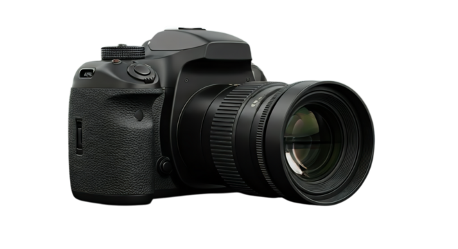 A sleek black DSLR camera poised to capture life's moments, ready for adventure with a powerful lens and detailed body.