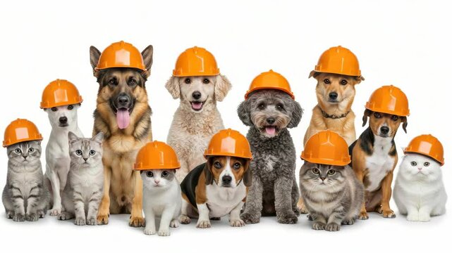 Adorable Pets Wearing Hard Hats - A group of cats and dogs of various breeds sit together, all wearing miniature orange hard hats.  They are arranged in a row against a white background.