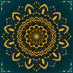 Mandala Pattern with Ornamental Symmetry | Creative Decorative Mandala Artwork with Golden Symmetrical Floral Details for Zen Art, Home Decor, Stationery, Card with dark teal colour 