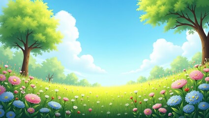 Naklejka premium Spring meadow landscape with flowers and trees