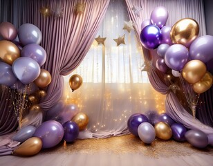 Festive Purple and Gold Balloons Decor Near Window with Sheer Curtains Perfect for Birthday Party Background