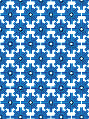 Seamless blue geometric snowflake pattern with modern symmetry on white background.