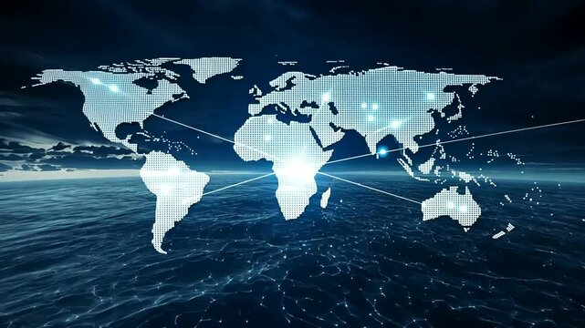 Digital world map projection with connection nodes hovers over a dark, rippling sea under a cloudy night sky