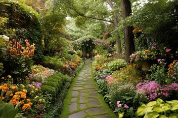 A whimsical garden path lined with colorful flower beds