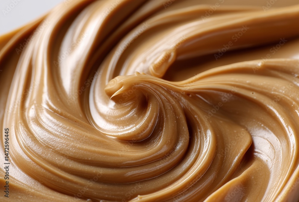 Poster creamy peanut butter spread on a white surface with swirling texture and glossy finish creating an a