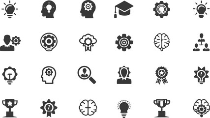 Ideas and Innovation Icons: A collection of illustrative icons symbolizing innovation, creativity, and knowledge in business and education.