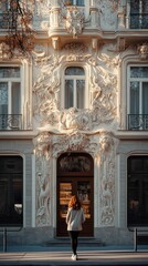 Ornate facade, woman entering building